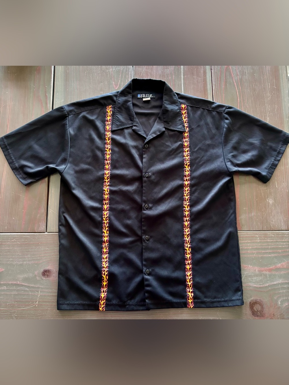 Filter large Black Short-Sleeve Button-Down Shirt with Flame Stripes